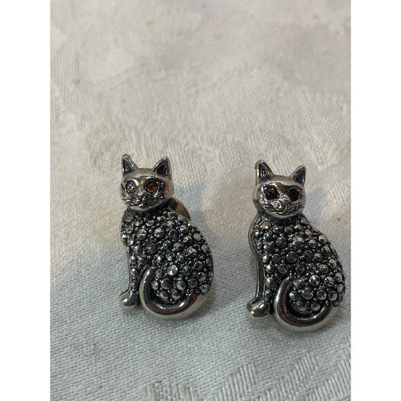 Set of 2  Sparkling Amber Kitty Cat Eyes Marcasite Pins  1” x .5” - Picture 4 of 4